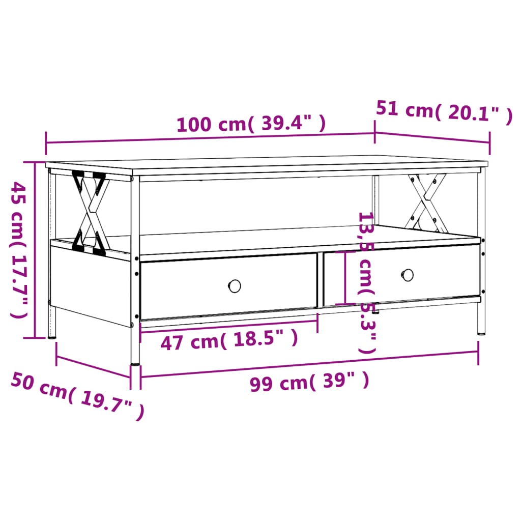 vidaXL Salontafel 100x51x45 cm bewerkt hout bruin eikenkleur