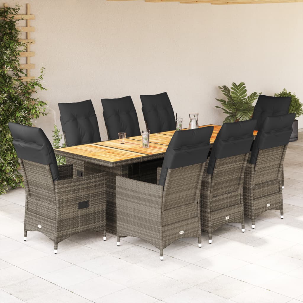 vidaXL 9-delige Bistroset met kussens poly rattan grijs