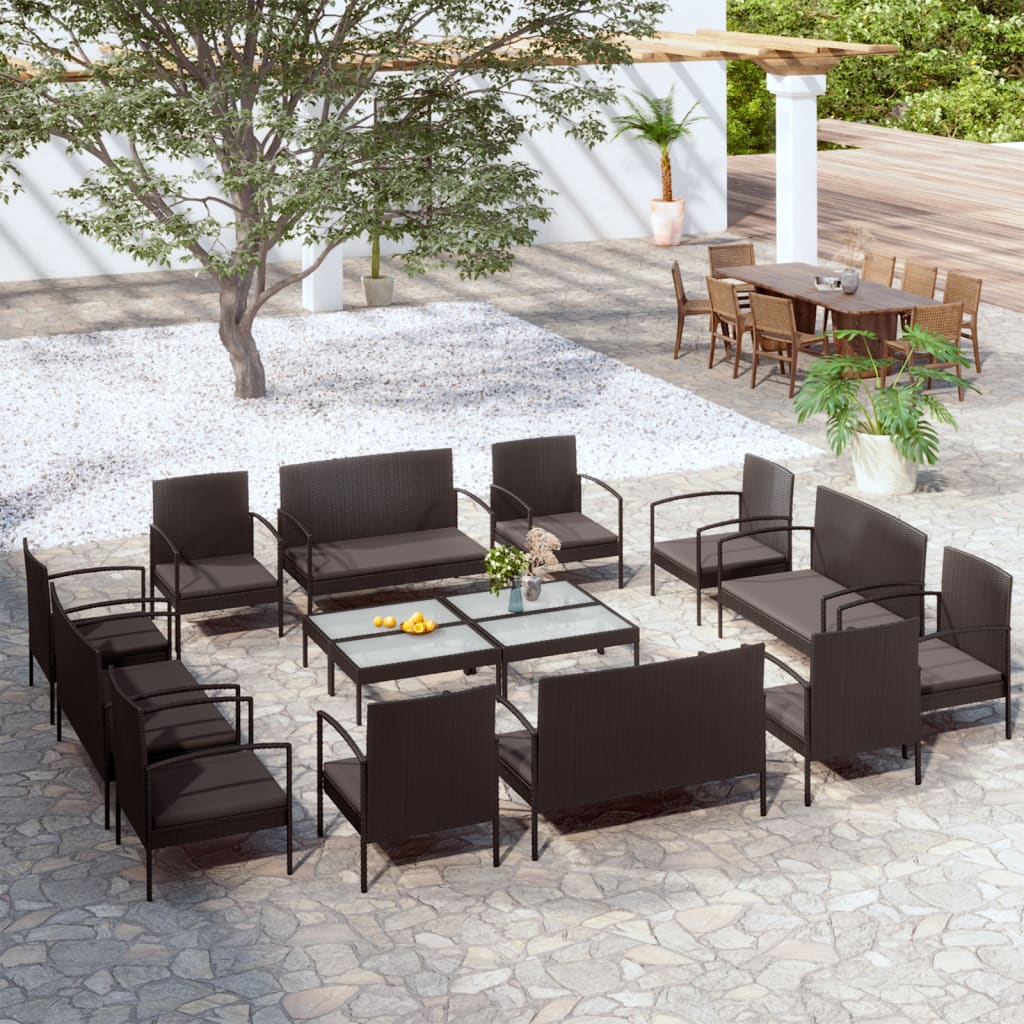 vidaXL 16-delige Loungeset met kussens poly rattan zwart