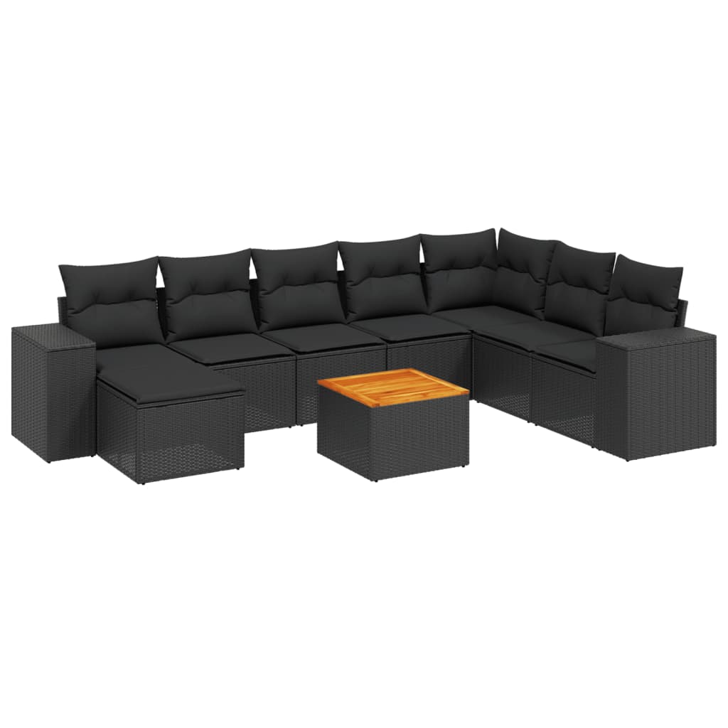 vidaXL 9-delige Loungeset met kussens poly rattan zwart