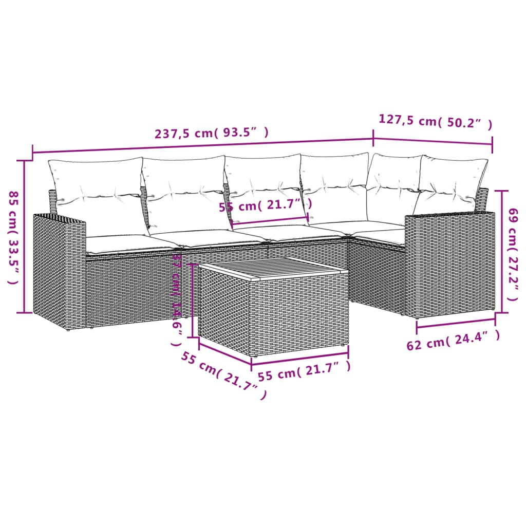 vidaXL 6-delige Loungeset met kussens poly rattan zwart