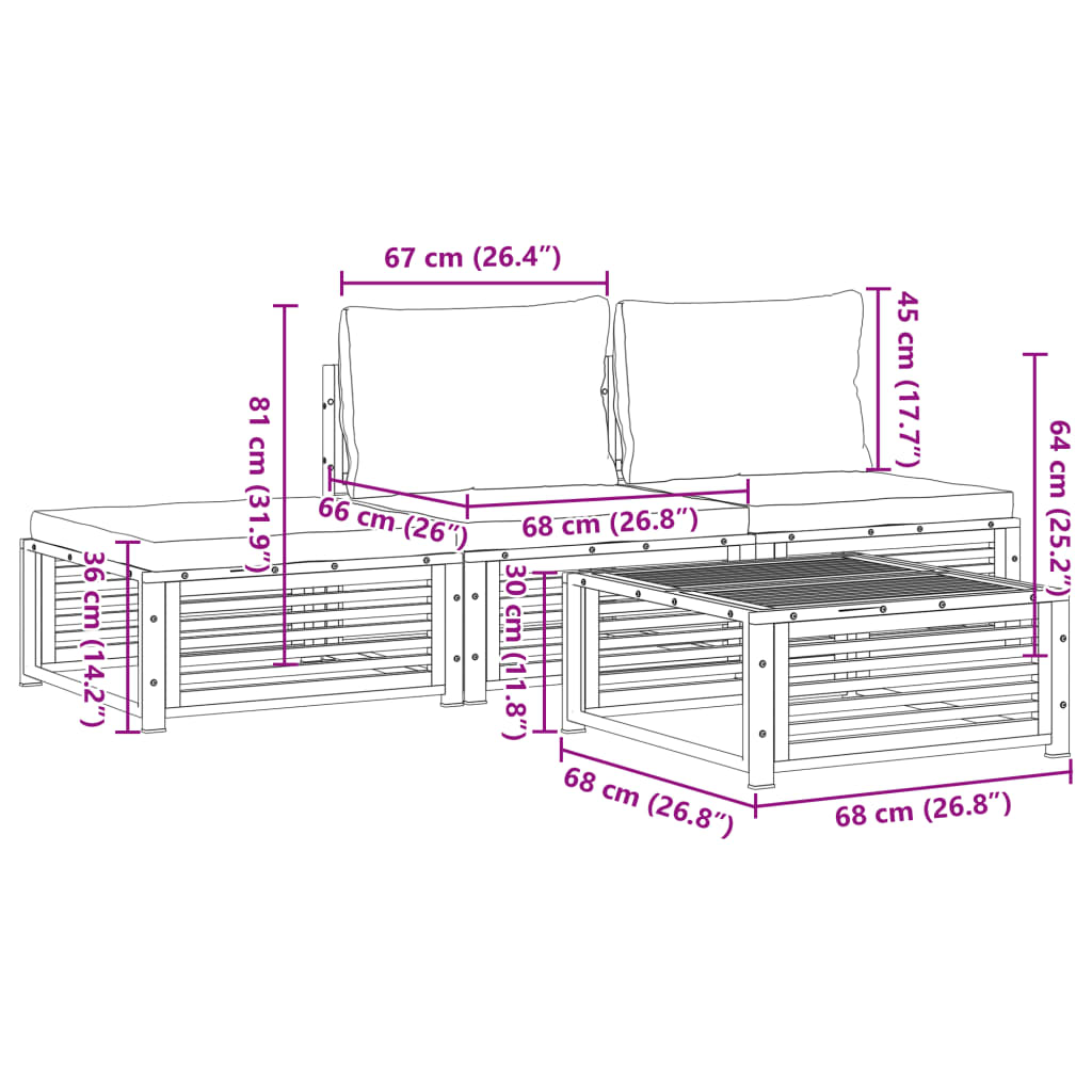 vidaXL 4-delige Loungeset met kussens massief acaciahout