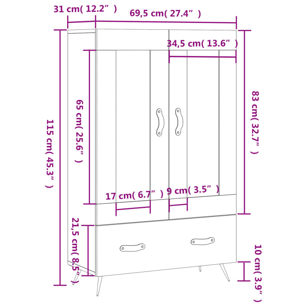 vidaXL Hoge kast 69,5x31x115 cm bewerkt hout sonoma eikenkleurig