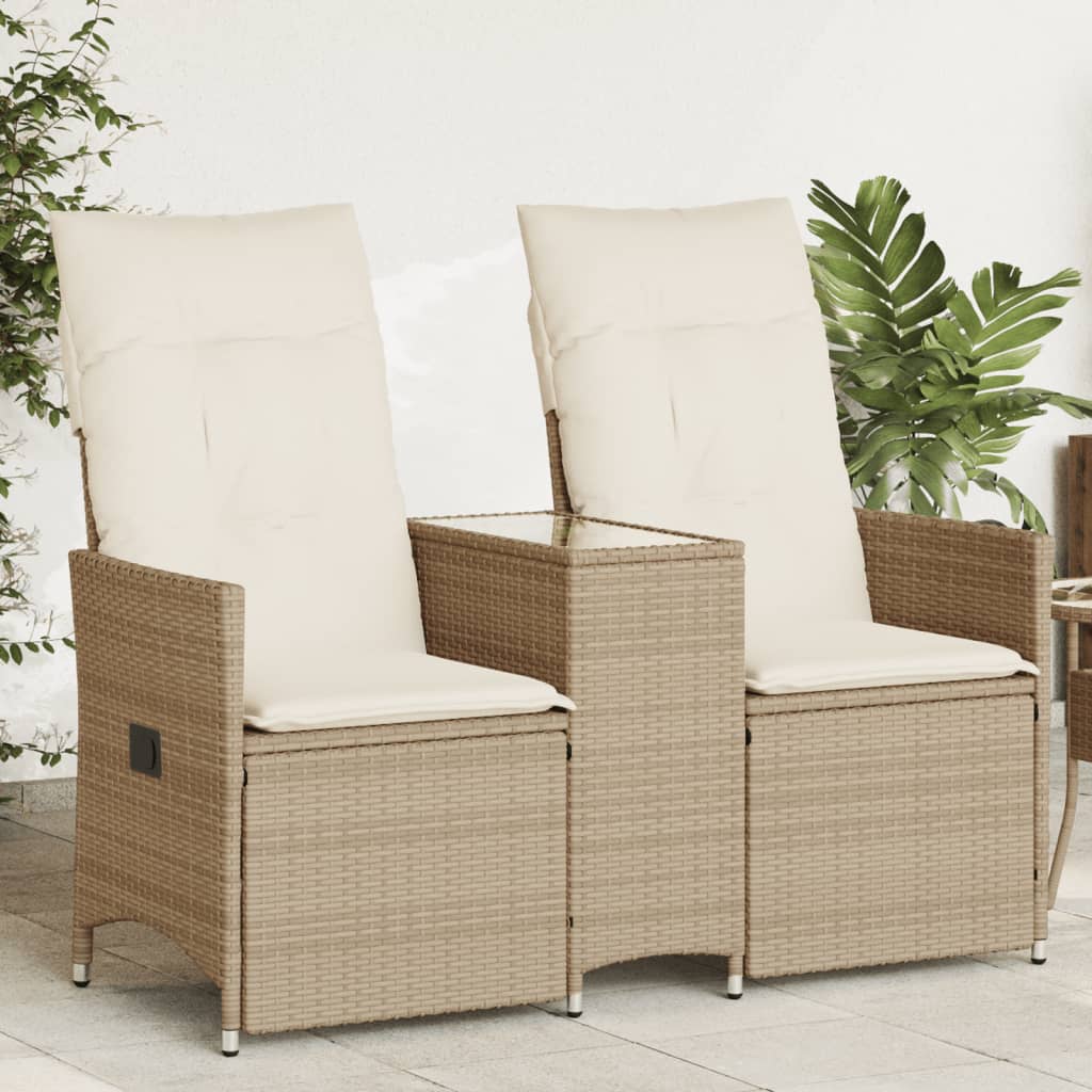 vidaXL Tuinbank 2-zits verstelbaar met tafel poly rattan beige