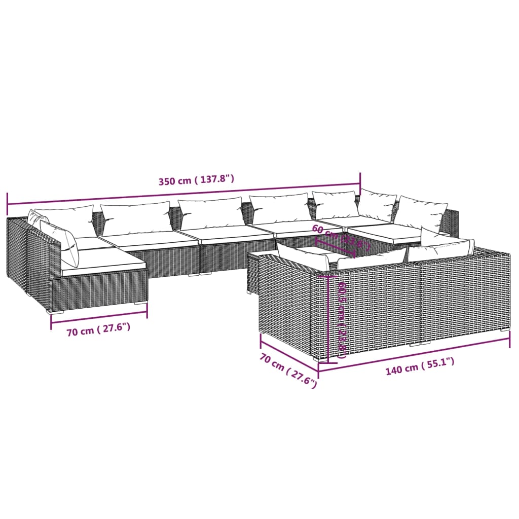 vidaXL 10-delige Loungeset met kussens poly rattan zwart