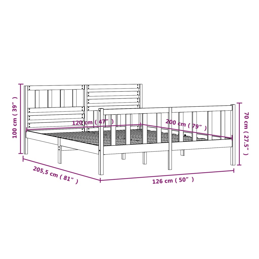 vidaXL Bedframe massief hout zwart 120x200 cm