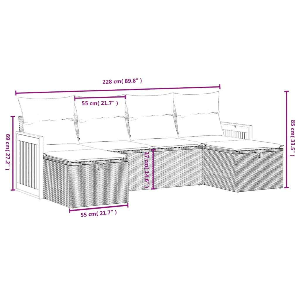 vidaXL 6-delige Loungeset met kussens poly rattan zwart