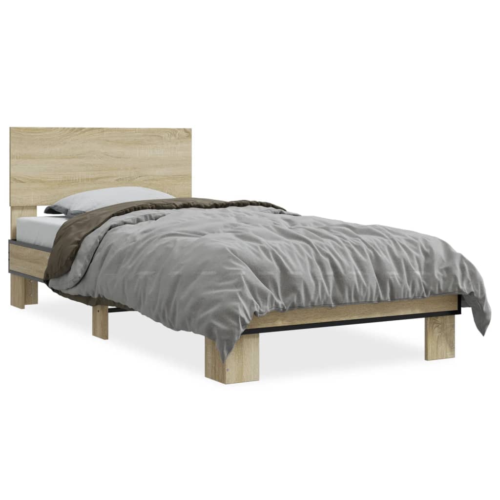 vidaXL Bedframe bewerkt hout en metaal sonoma eikenkleurig 90x200 cm