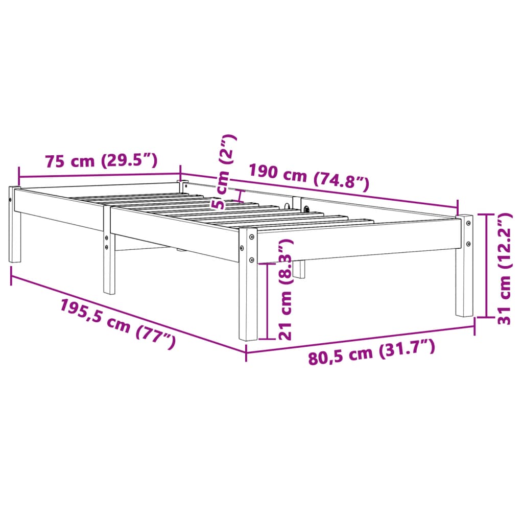 vidaXL Bedframe zonder matras massief grenenhout wasbruin 75x190 cm