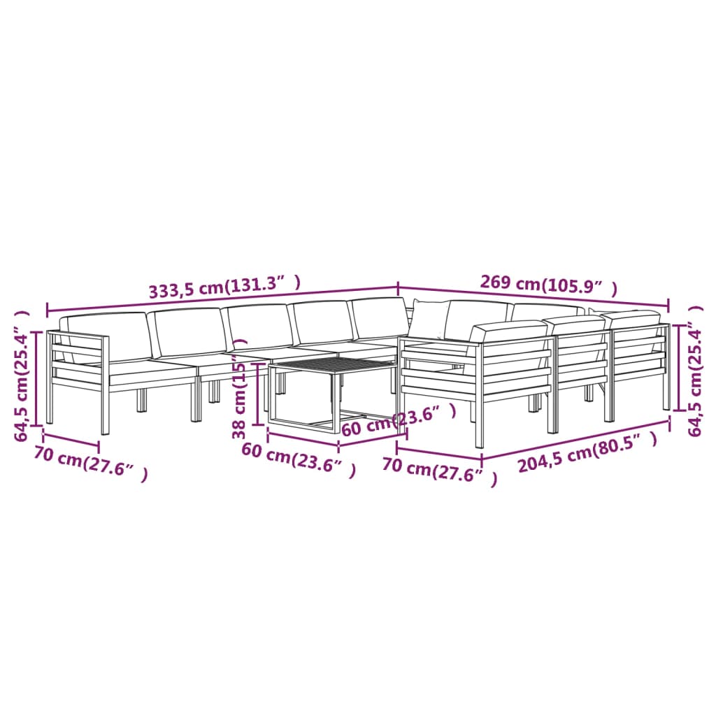 vidaXL 11-delige Loungeset met kussens aluminium antracietkleurig