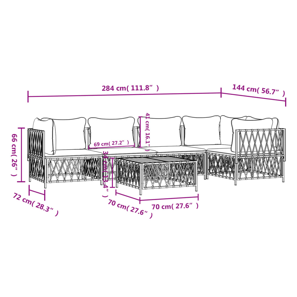 vidaXL 6-delige Loungeset met kussens staal wit