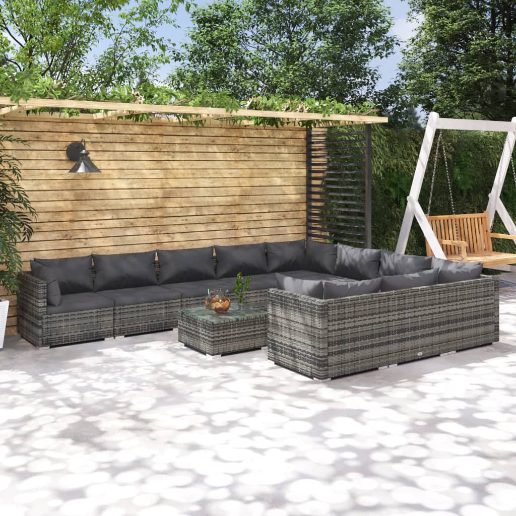 vidaXL 11-delige Loungeset met kussens poly rattan grijs