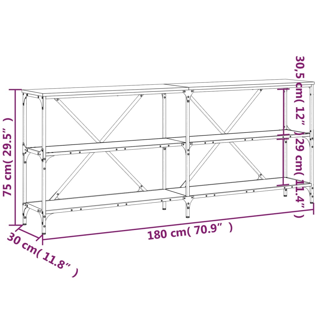 vidaXL Wandtafel 180x30x75 cm bewerkt hout en ijzer gerookt eikenkleur