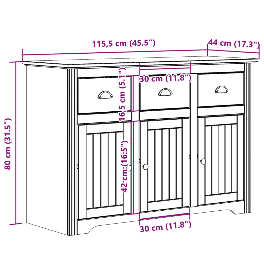 vidaXL Dressoir BODO 115,5x44x80 cm massief grenenhout wit en bruin