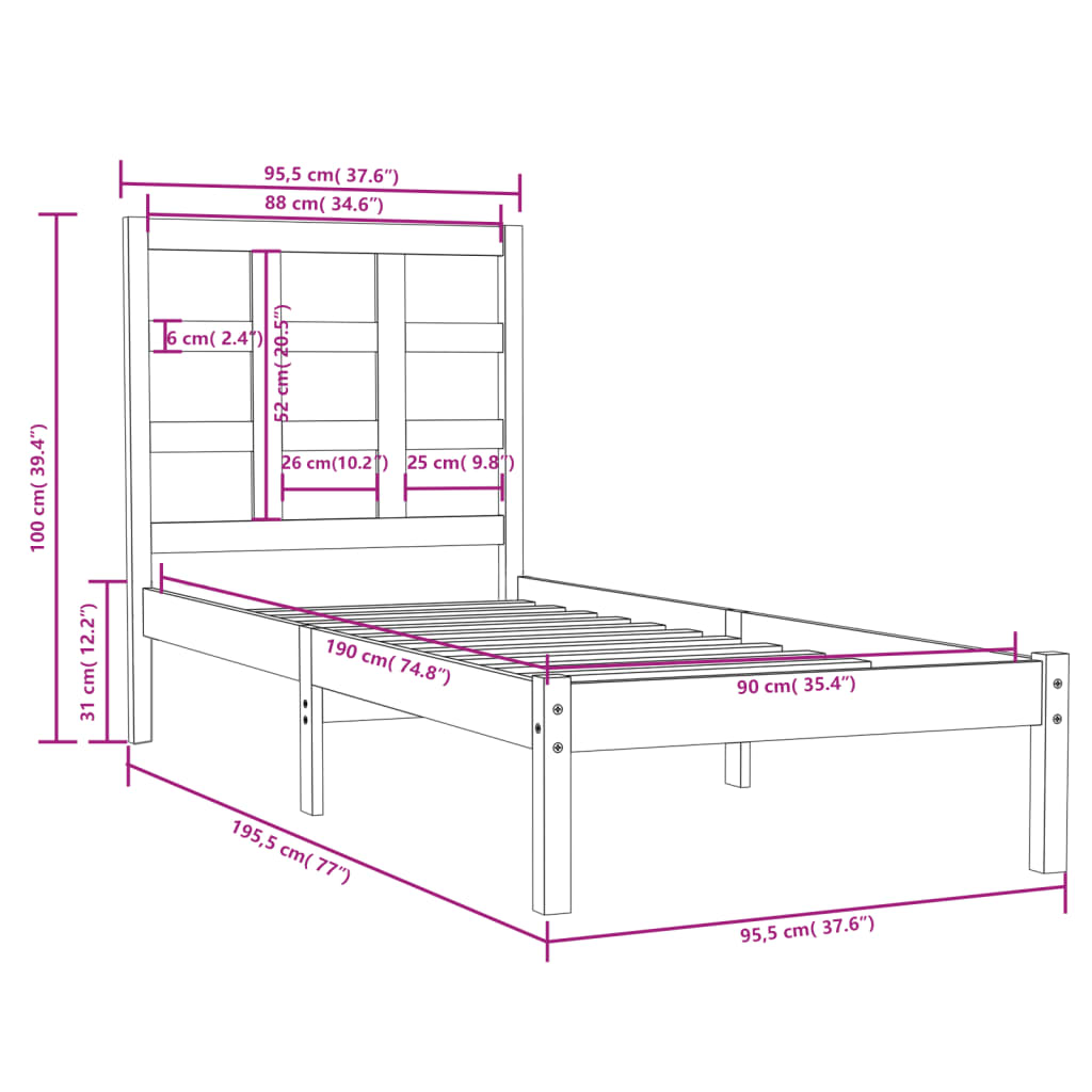 vidaXL Bedframe massief hout 90x190 cm