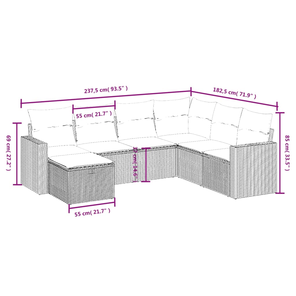 vidaXL 7-delige Loungeset met kussens poly rattan bruin