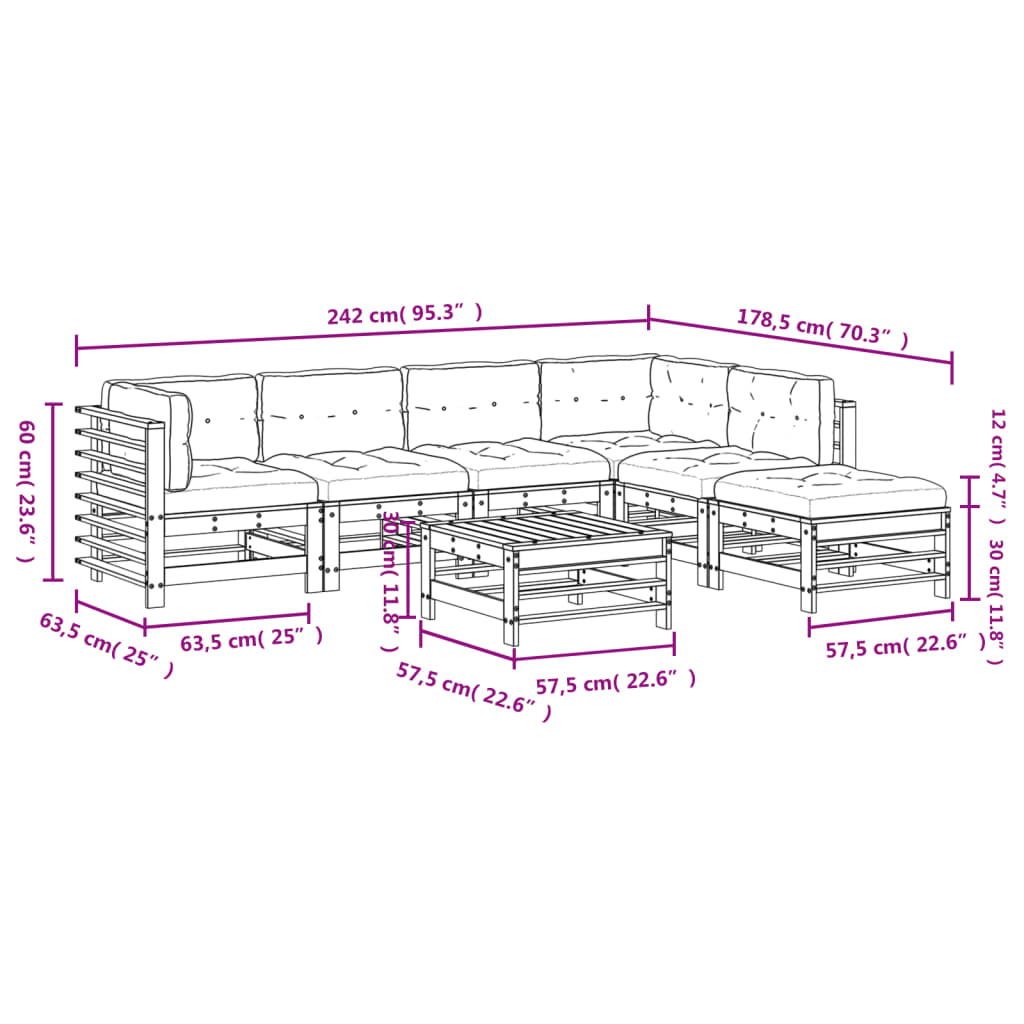 vidaXL 7-delige Loungeset met kussens massief hout grijs