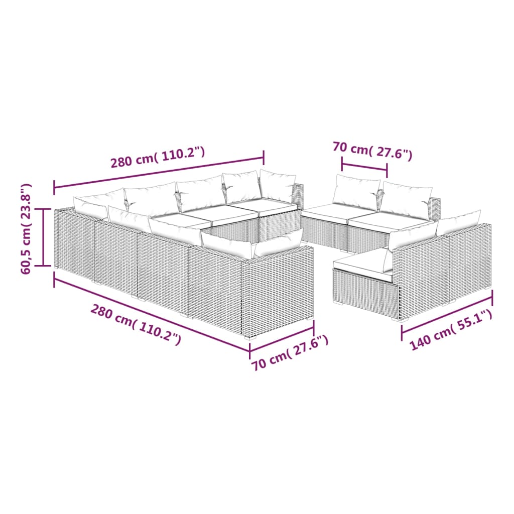 vidaXL 11-delige Loungeset met kussens poly rattan grijs