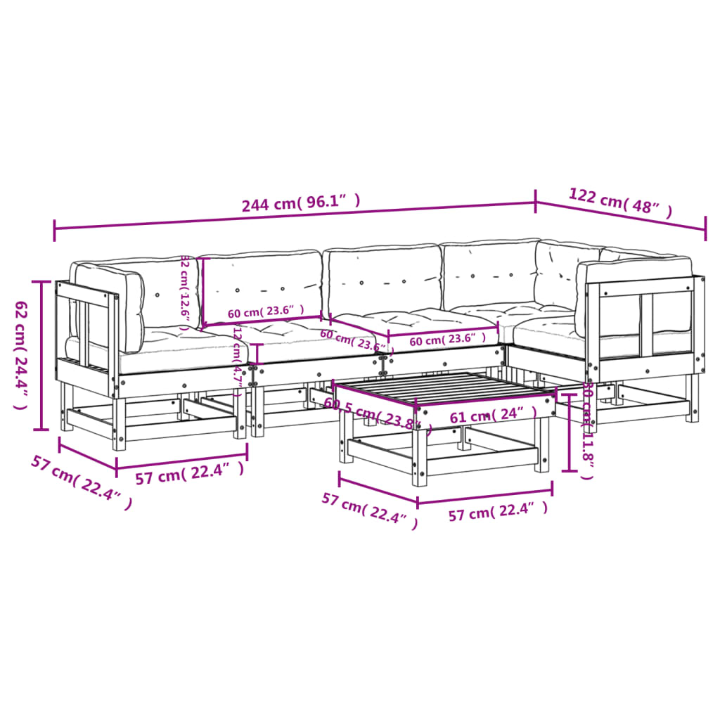 vidaXL 6-delige Loungeset met kussens massief hout zwart