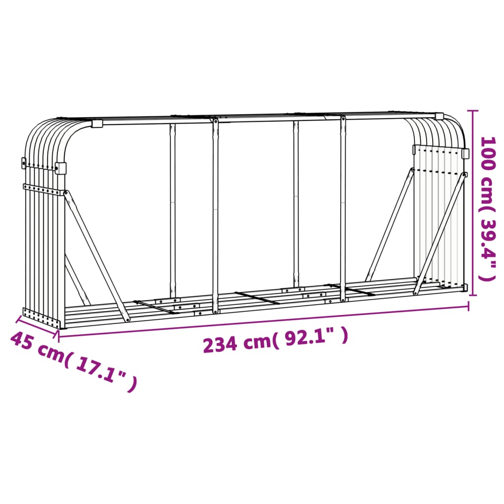 vidaXL Haardhoutopslag 234x45x100 cm gegalvaniseerd staal lichtgrijs