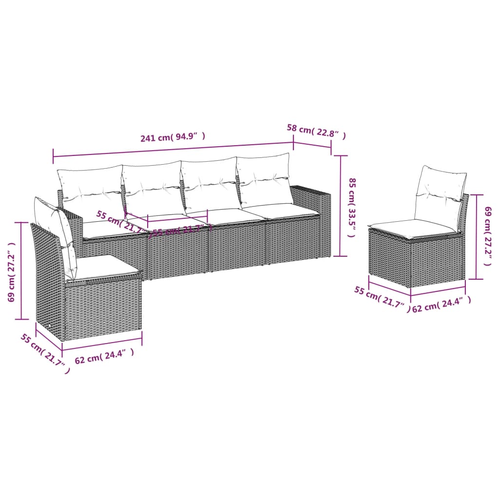 vidaXL 6-delige Loungeset met kussens poly rattan zwart