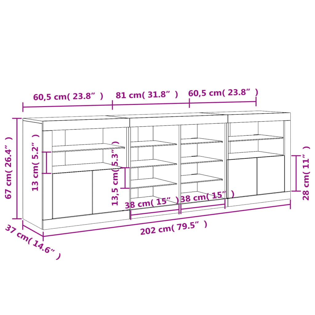 vidaXL Dressoir met LED-verlichting 202x37x67 cm wit