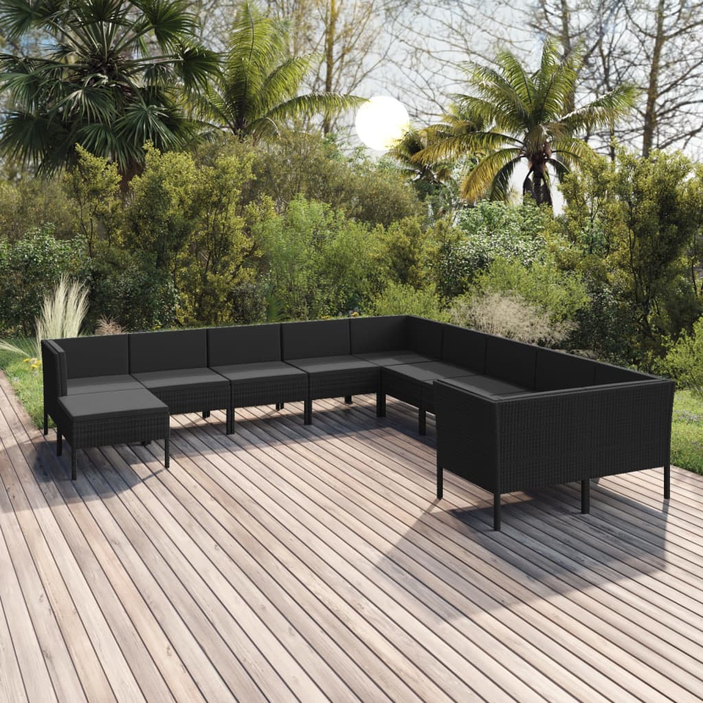 vidaXL 11-delige Loungeset met kussens poly rattan zwart