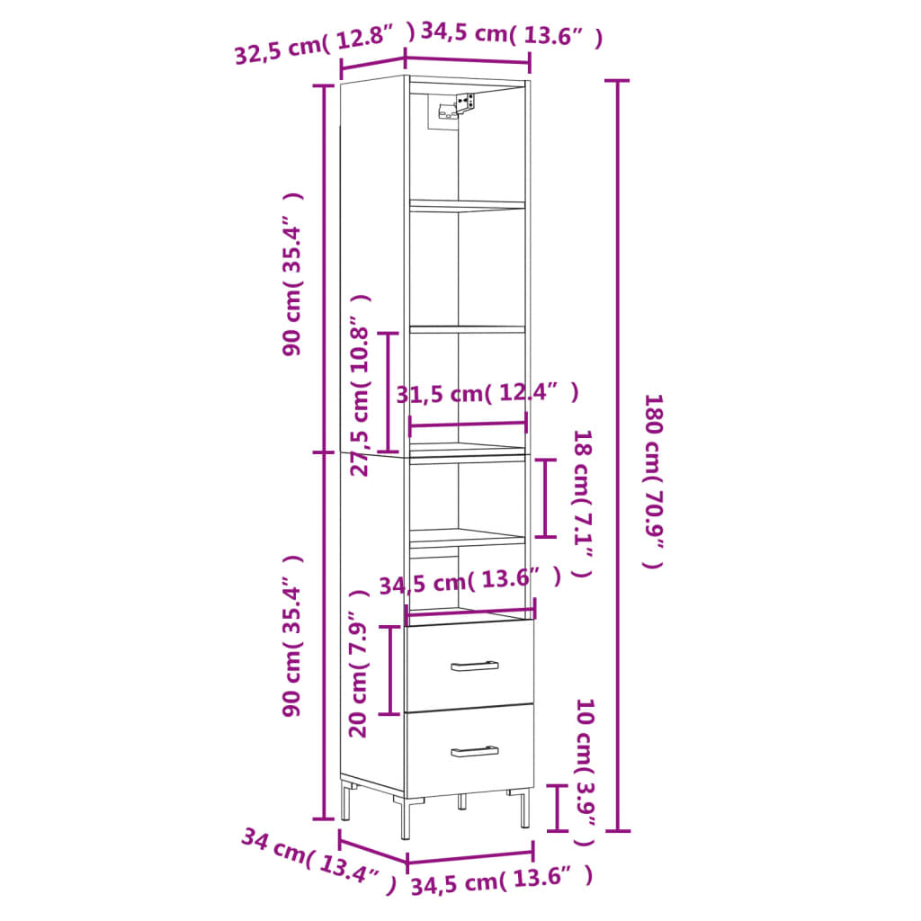 vidaXL Hoge kast 34,5x34x180 cm bewerkt hout bruin eikenkleur