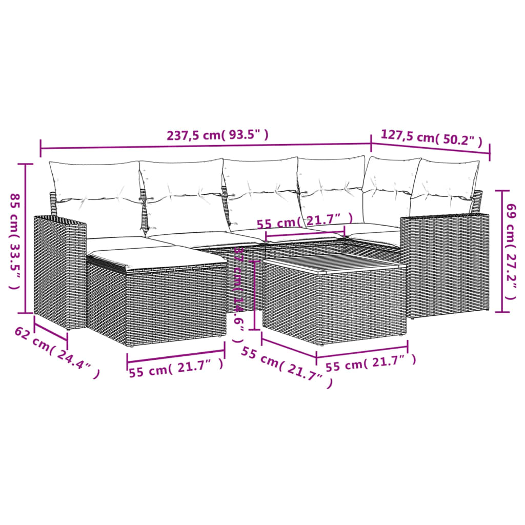 vidaXL 7-delige Loungeset met kussens poly rattan grijs