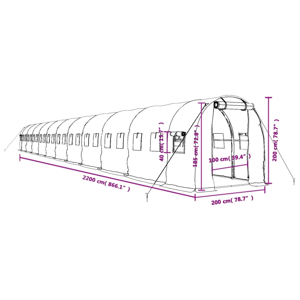 vidaXL Tuinkas met stalen frame 44 m² 22x2x2 m groen