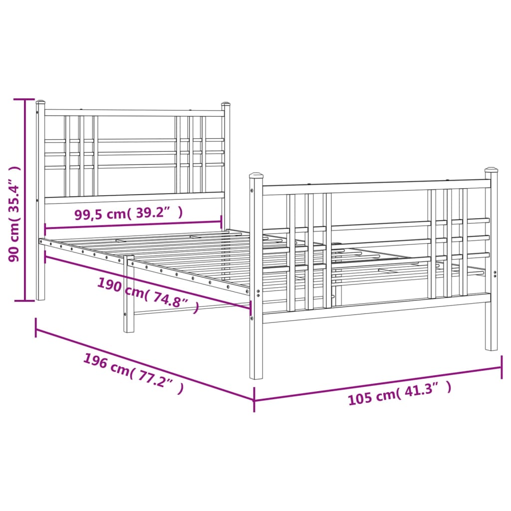 vidaXL Bedframe met hoofd- en voeteneinde metaal wit 100x190 cm