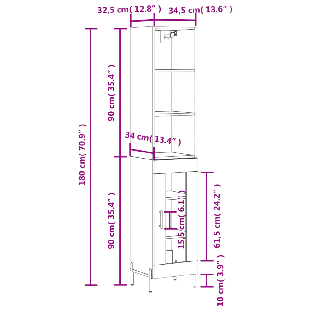 vidaXL Hoge kast 34,5x34x180 cm bewerkt hout hoogglans wit