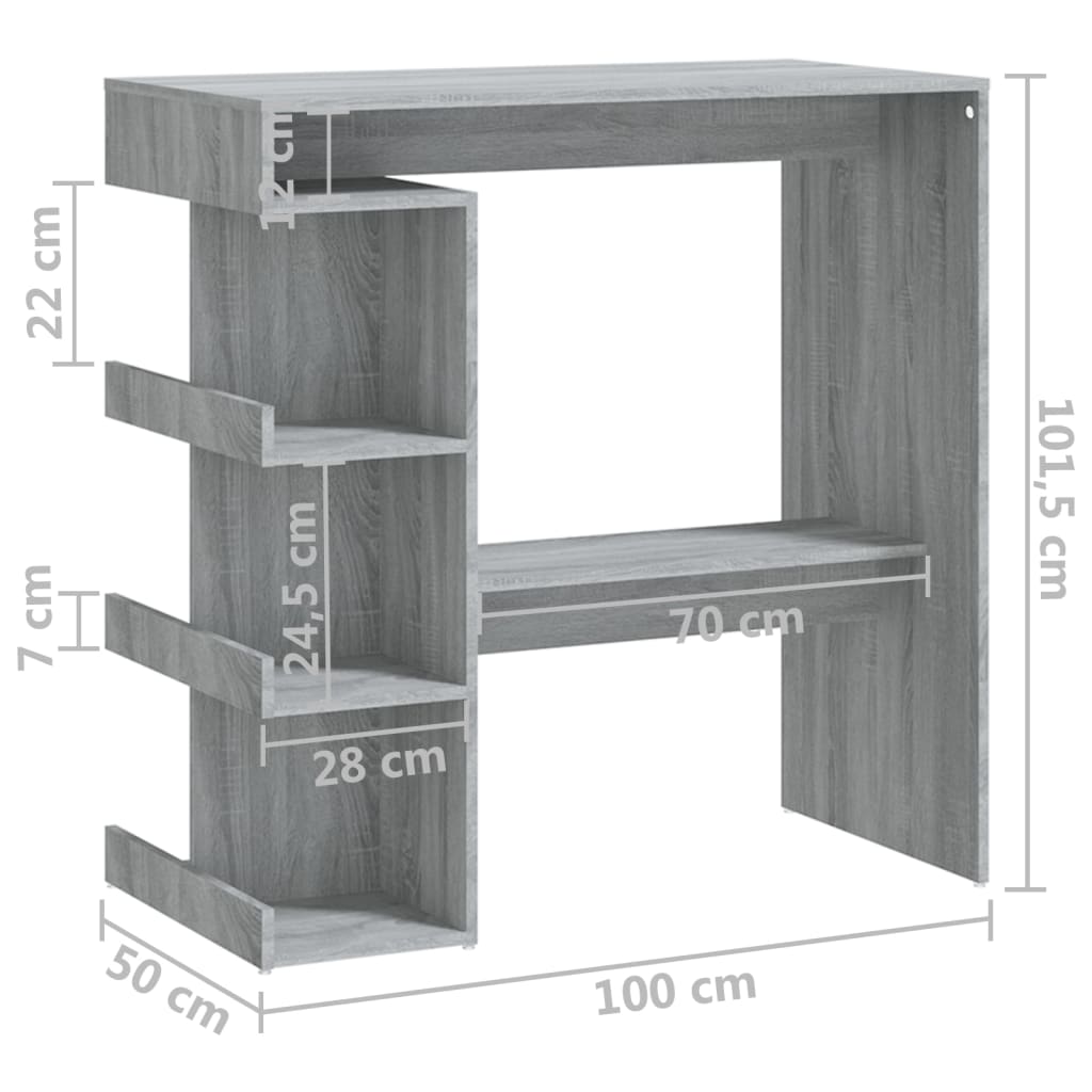 vidaXL Bartafel met opbergrek 100x50x101,5 cm grijs sonoma