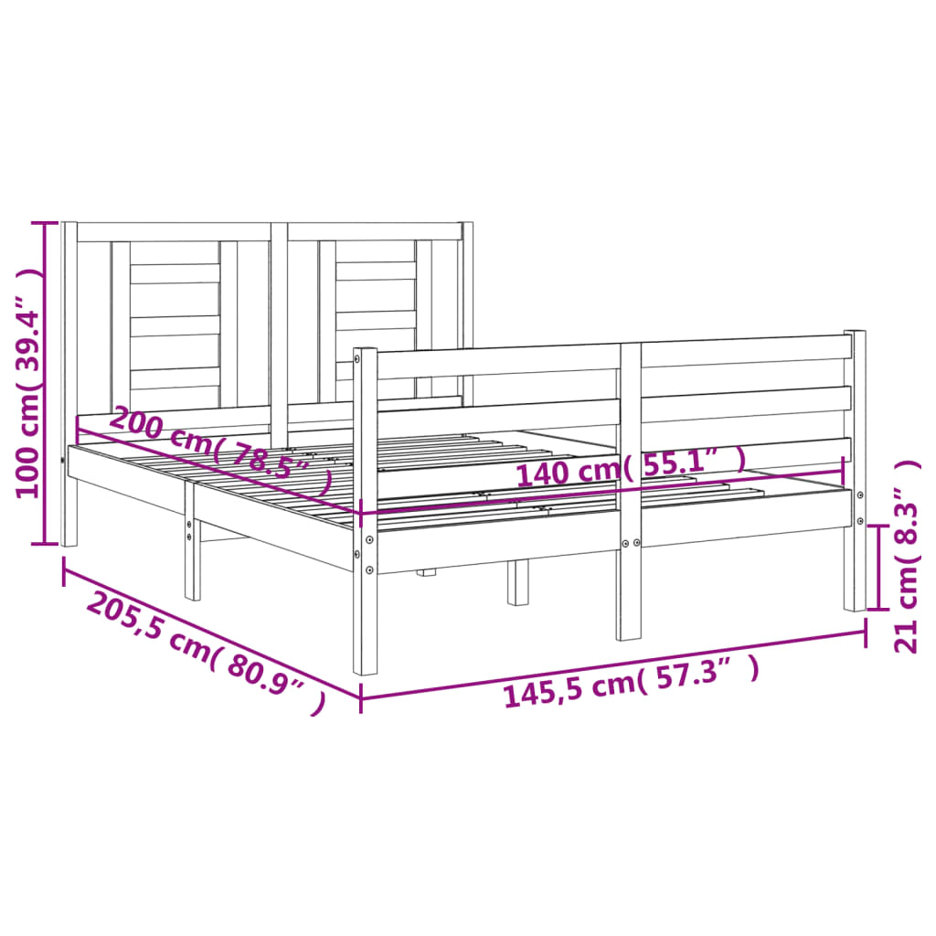 vidaXL Bedframe met hoofdbord massief hout honingbruin 140x200 cm