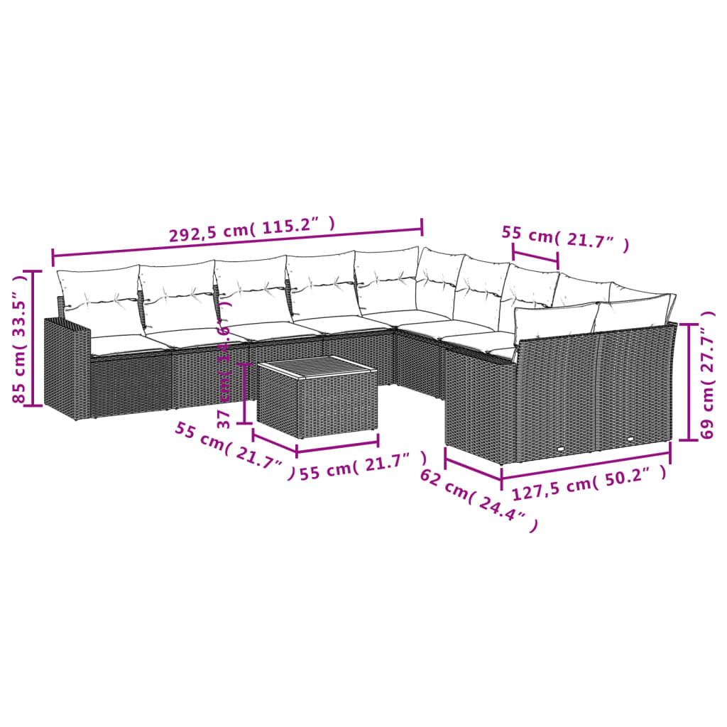 vidaXL 11-delige Loungeset met kussens poly rattan gemengd beige