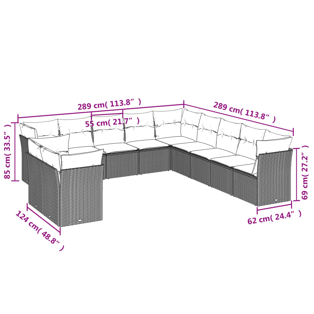 vidaXL 11-delige Loungeset met kussens poly rattan grijs