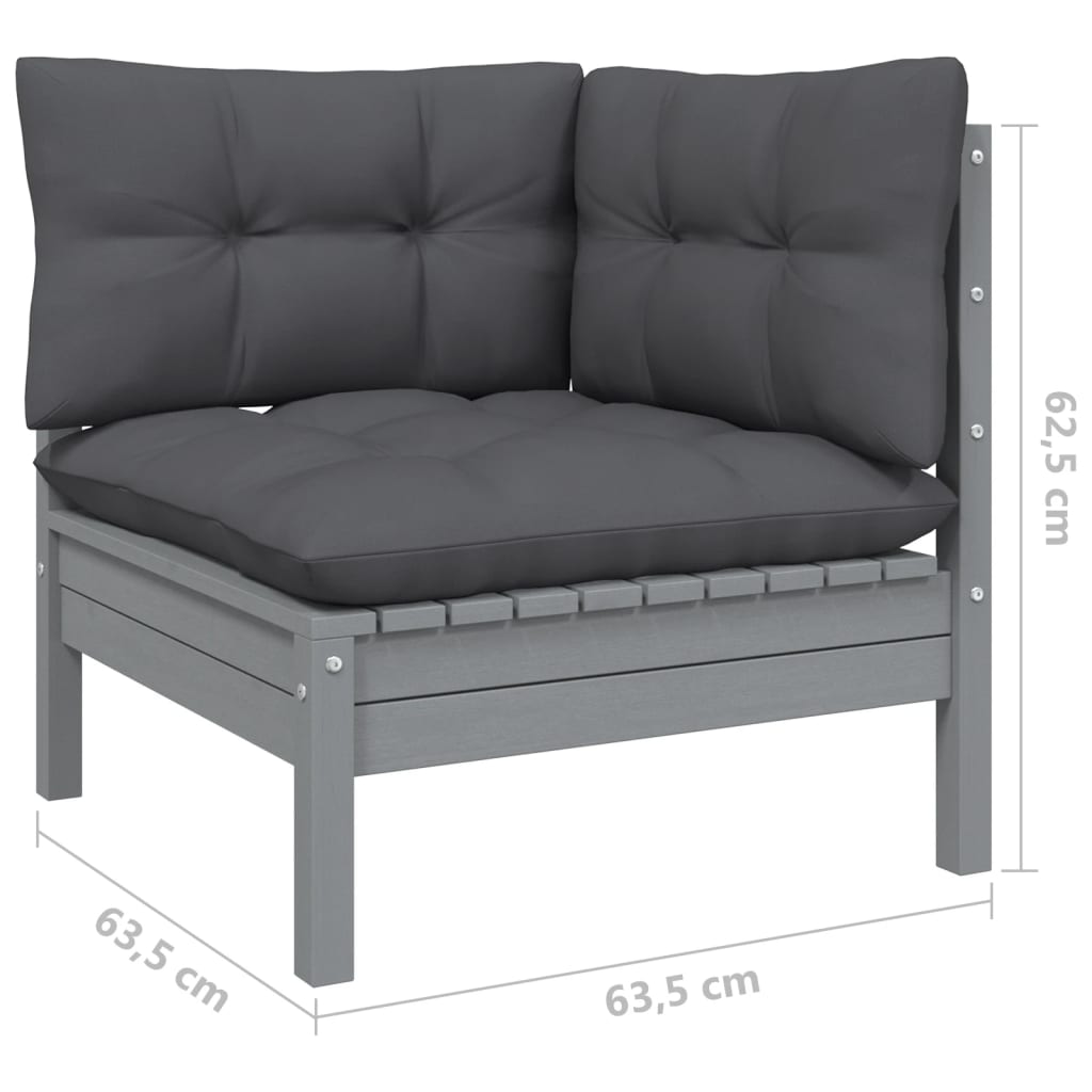 vidaXL 3-delige Loungeset met kussens massief grenenhout grijs