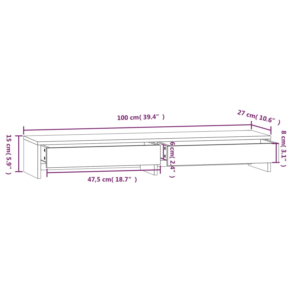 vidaXL Monitorstandaard 100x27x15 cm massief grenenhout wit