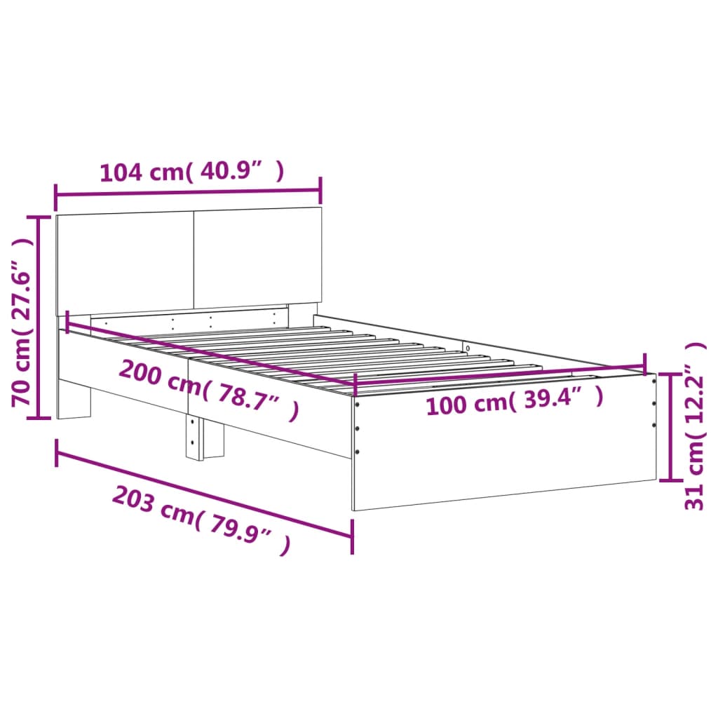 vidaXL Bedframe met hoofdbord en LED grijs sonoma eiken 100x200 cm