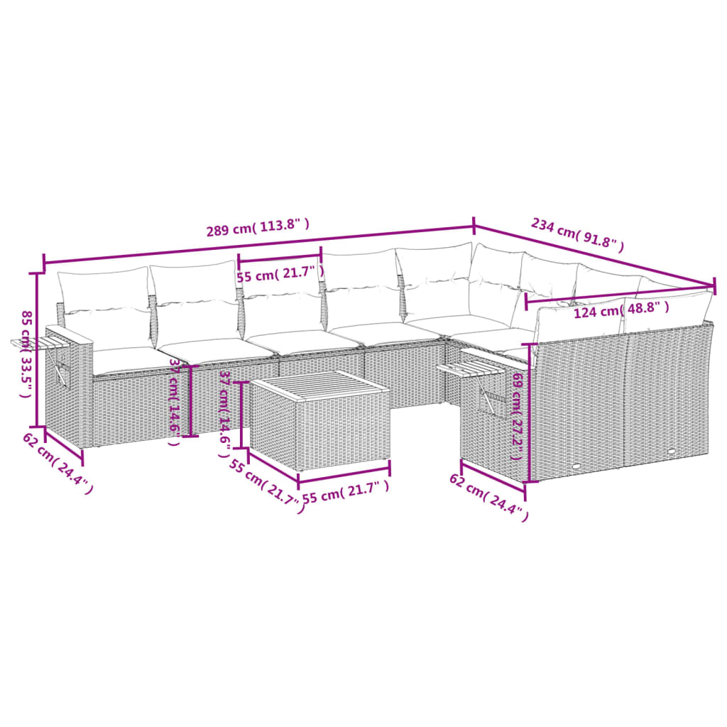 vidaXL 10-delige Loungeset met kussens poly rattan grijs