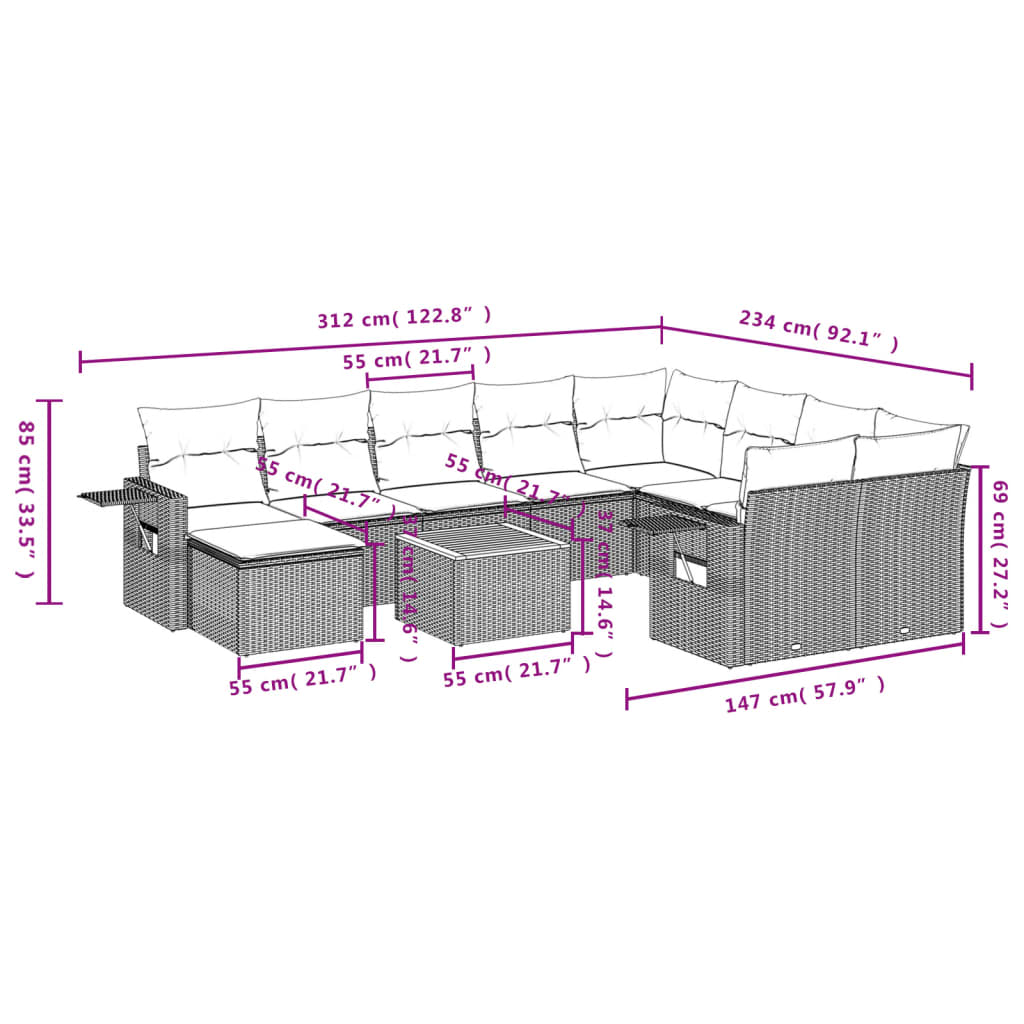 vidaXL 11-delige Loungeset met kussens poly rattan zwart