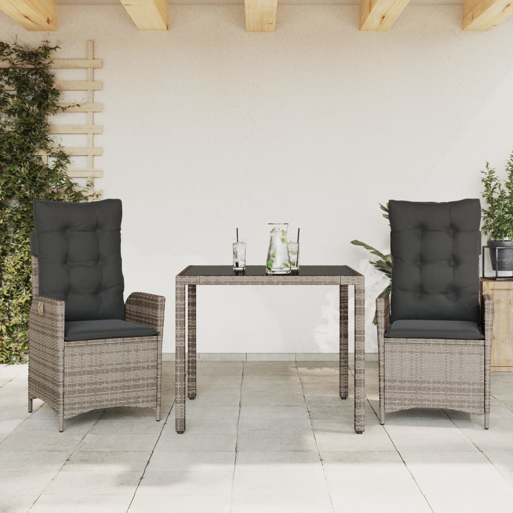 vidaXL 3-delige Tuinset met kussens poly rattan grijs