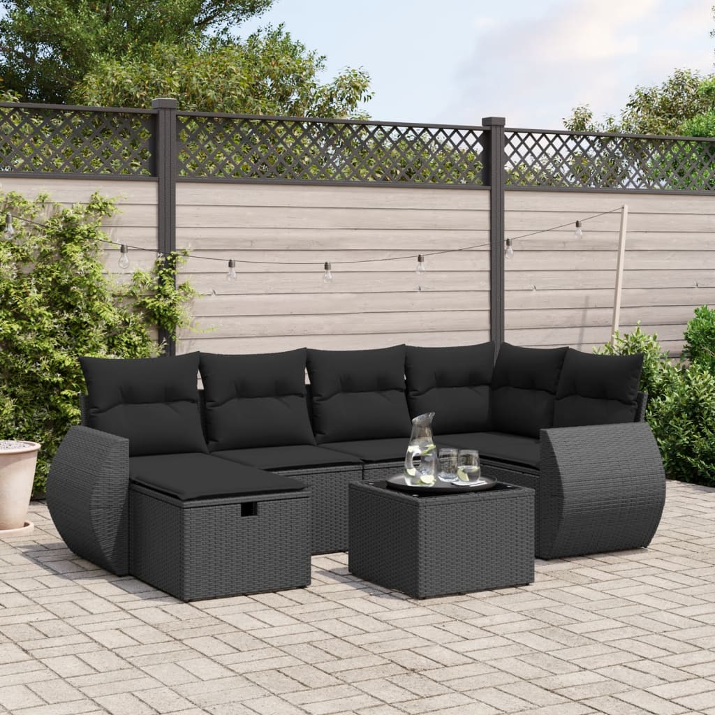 vidaXL 7-delige Loungeset met kussens poly rattan zwart