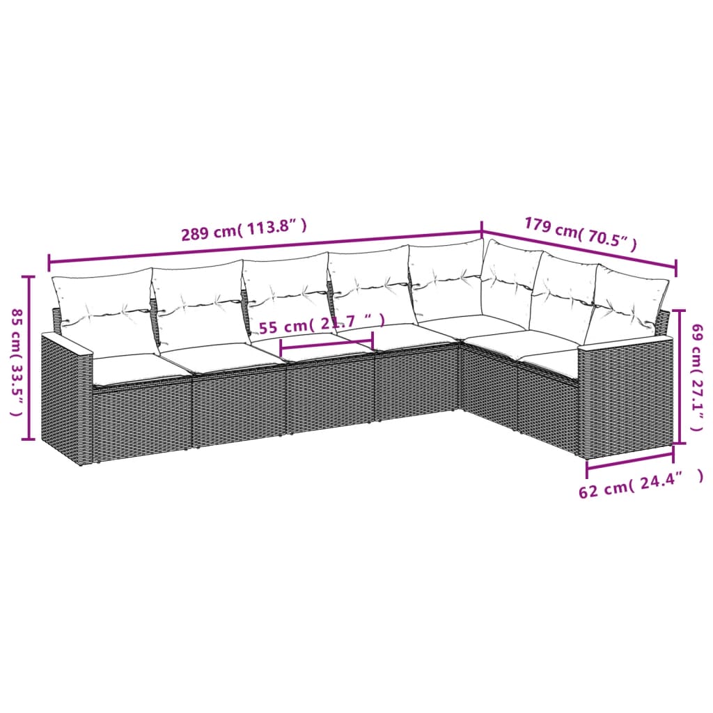 vidaXL 7-delige Loungeset met kussens poly rattan grijs