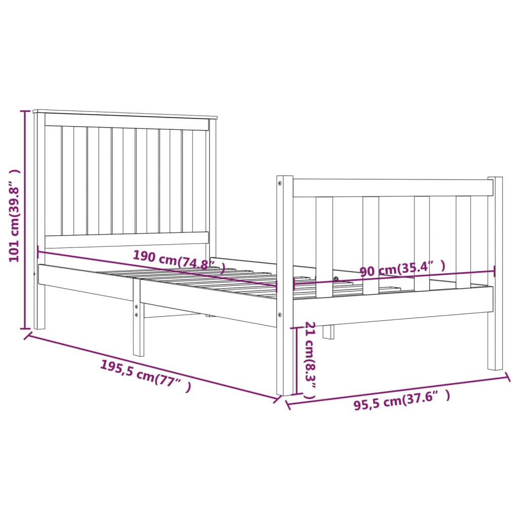 vidaXL Bedframe massief grenenhout zwart 90x190 cm