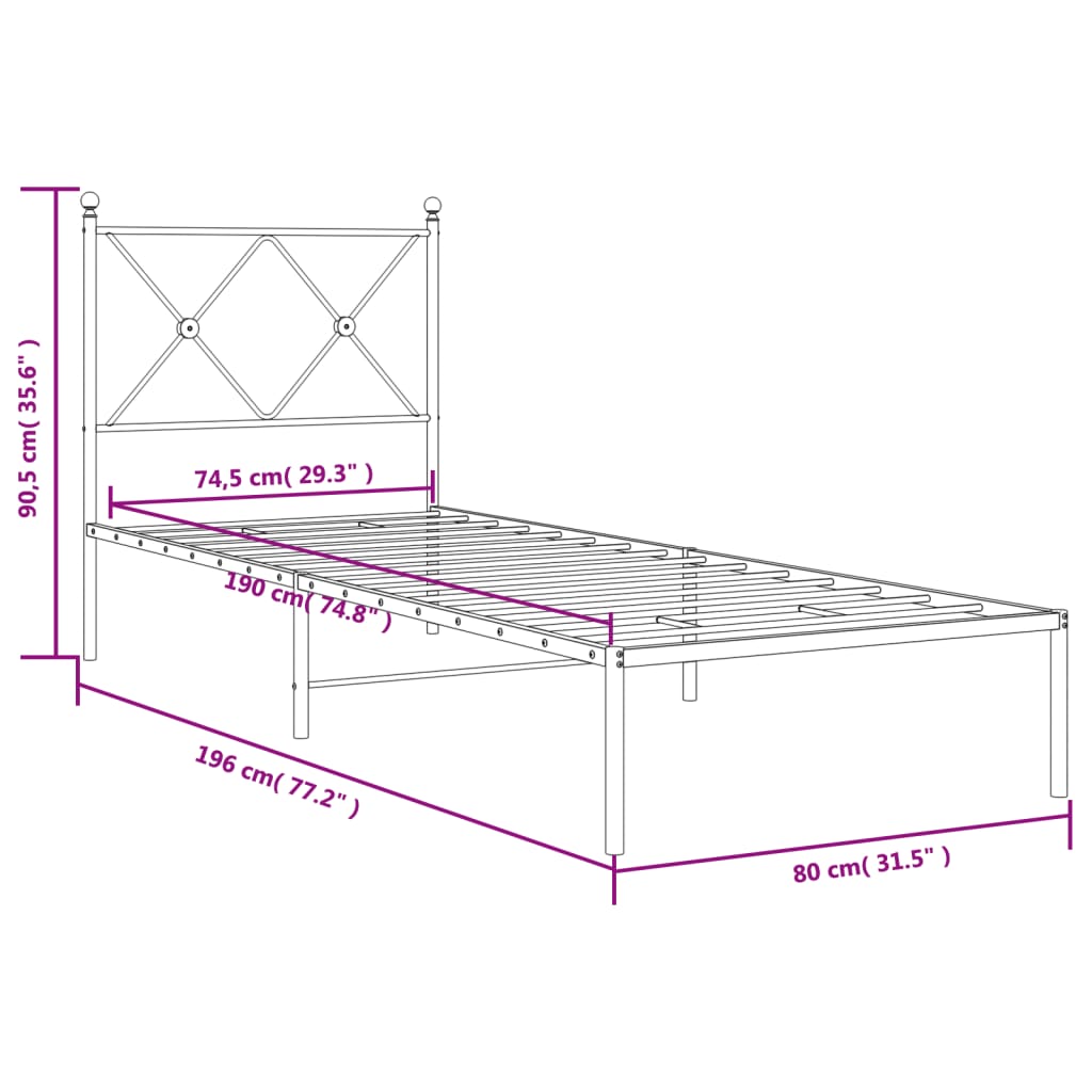 vidaXL Bedframe met hoofdbord zonder matras metaal wit 75x190 cm