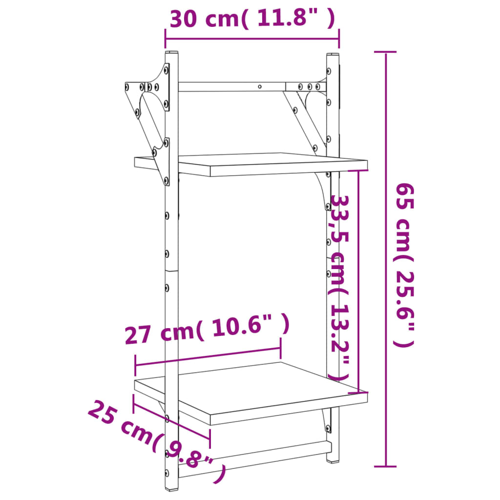 vidaXL Wandschappen 2-laags met stangen 2 st 30x25x65 cm gerookt eiken