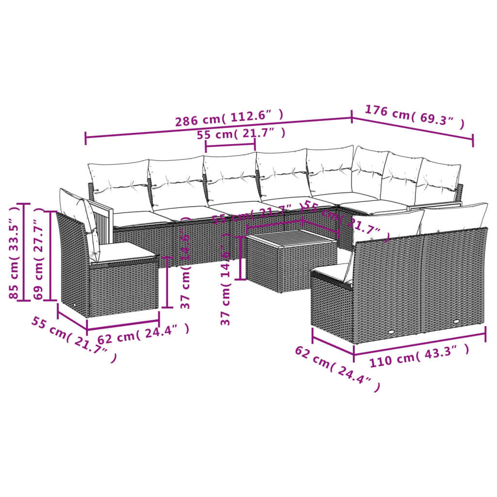 vidaXL 11-delige Loungeset met kussens poly rattan zwart