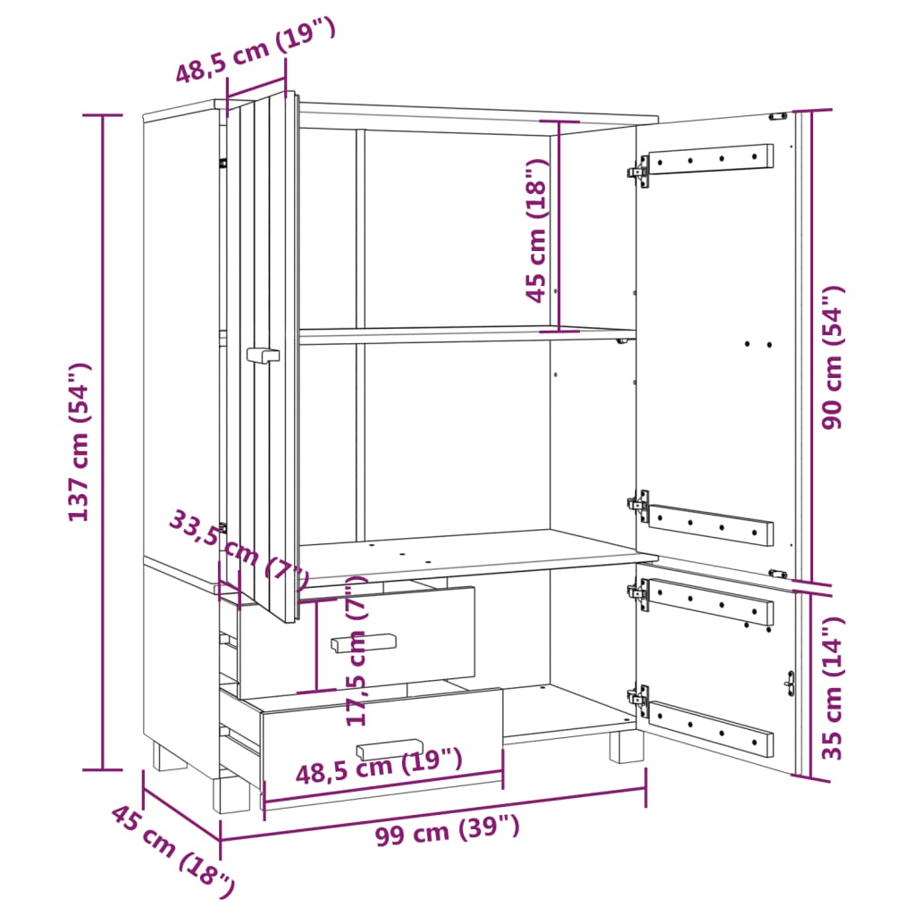 vidaXL Kledingkast HAMAR 99x45x137 cm massief grenenhout honingbruin