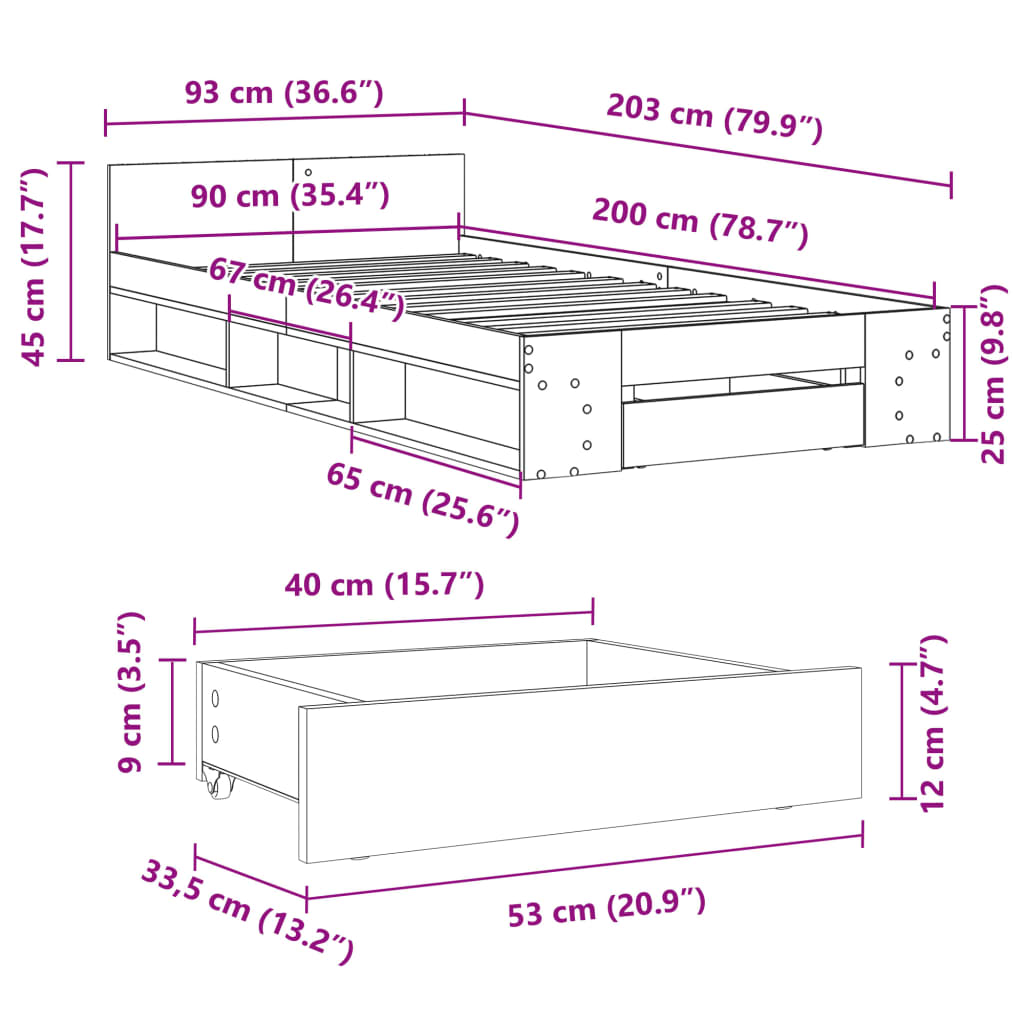 vidaXL Bedframe met lade bewerkt hout sonoma eikenkleurig 90x200 cm